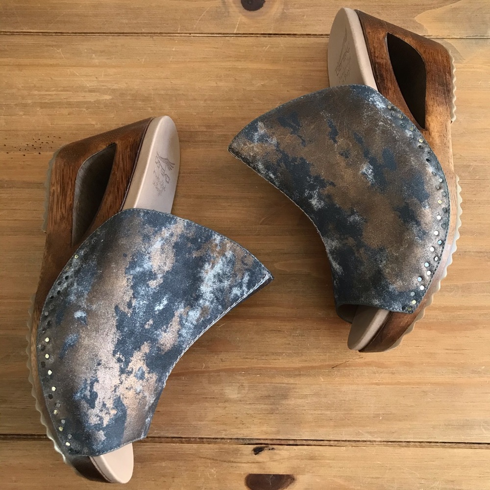 Dansko Blue and Brown Distressed Leather Slide Wedges